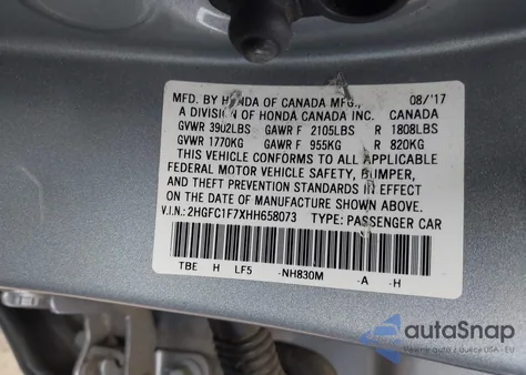 2017 Honda Civic Ex-L из США, поврежденный, VIN 2HGFC1F7XHH658073